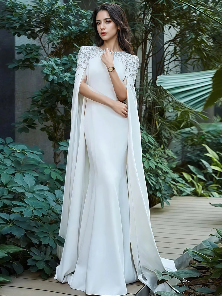 prom dress with sleeve cape A Line Beading White Scoop Long Sleeve Prom Dress – Sassymyprom