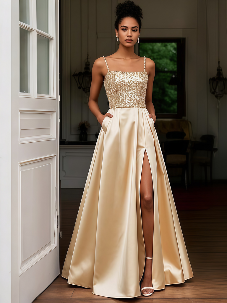 Satin Beading Gold Spaghetti Straps Prom Dress With Slit Satin Beading Gold Spaghetti Straps Prom Dress With Slit