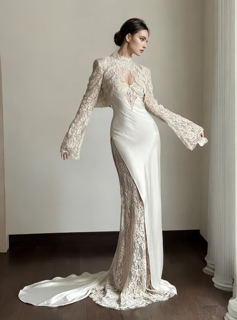 mermaid two piece wedding dress Off White Two Piece Lace Mermaid Boho Half Sleeve Wedding Dresses, AB1 AlineBridal