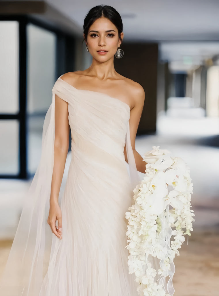 A Line Pleats Tulle One Shoulder Wedding Dress Sassymyprom A Line Pleats Tulle One Shoulder Wedding Dress Sassymyprom