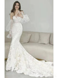Puffy Sleeve Trumpet Mermaid Lace Off The Shoulder Wedding Dress