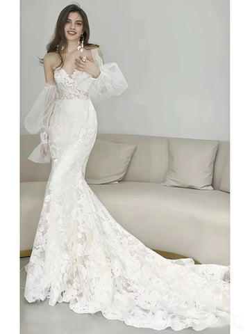 Puffy Sleeve Trumpet Mermaid Lace Off The Shoulder Wedding Dress