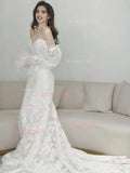 Puffy Sleeve Trumpet Mermaid Lace Off The Shoulder Wedding Dress