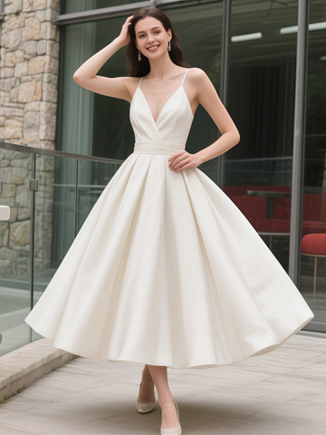 Backless Tea Length Satin A Line Spaghetti Straps Wedding Dress