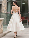 Backless Tea Length Satin A Line Spaghetti Straps Wedding Dress
