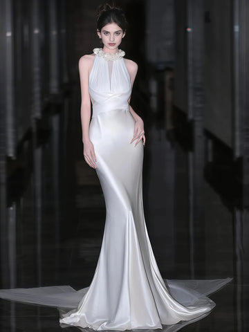 Trumpet Mermaid Halter Flower Satin Wedding Dress