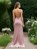 A Line V Neck Dusty Pink Satin Prom Dress With Slit