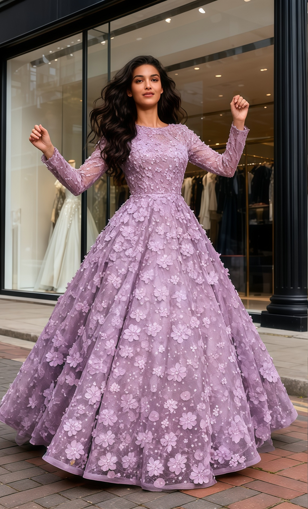 Long Sleeve Scoop A Line Flower Tulle Purple Prom Dress US8 Long Sleeve Scoop A Line Flower Tulle Purple Prom Dress US8