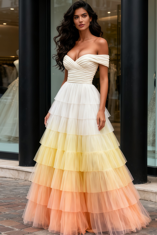 Ombre Off The Shoulder Ruched Layers A Line Prom Dress