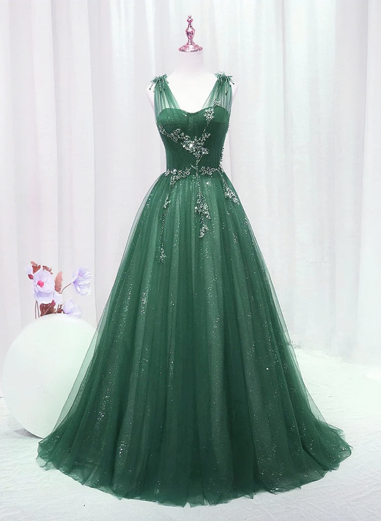 Annakoo 2026 A Night in Paris Green Tulle V Neck Beading A Line Prom Dress Annakoo 2026 A Night in Paris Green Tulle V Neck Beading A Line Prom Dress
