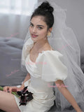 Puffy Sleeves Short Mini Short Ruched Wedding Dress