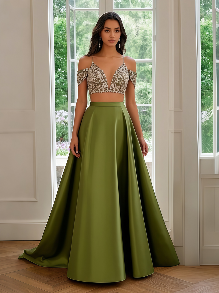 Cold Shoulder Beading Green Satin Two Piece Prom Dress Sassymyprom Cold Shoulder Beading Green Satin Two Piece Prom Dress Sassymyprom