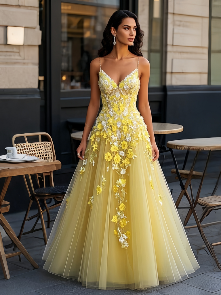 Appliques Backless Yellow Tulle Spaghetti Straps Prom Dress Appliques Backless Yellow Tulle Spaghetti Straps Prom Dress