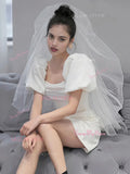 Puffy Sleeves Short Mini Short Ruched Wedding Dress
