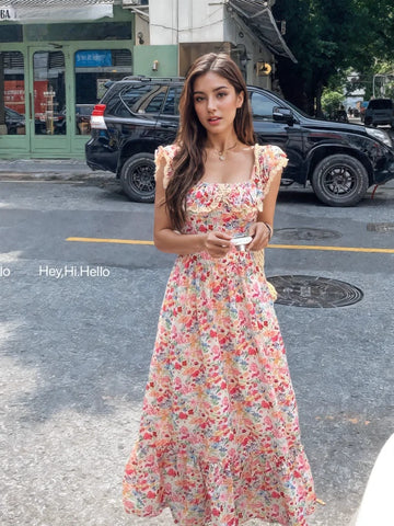 Ruffles Square-Neck Floral Maxi Dress