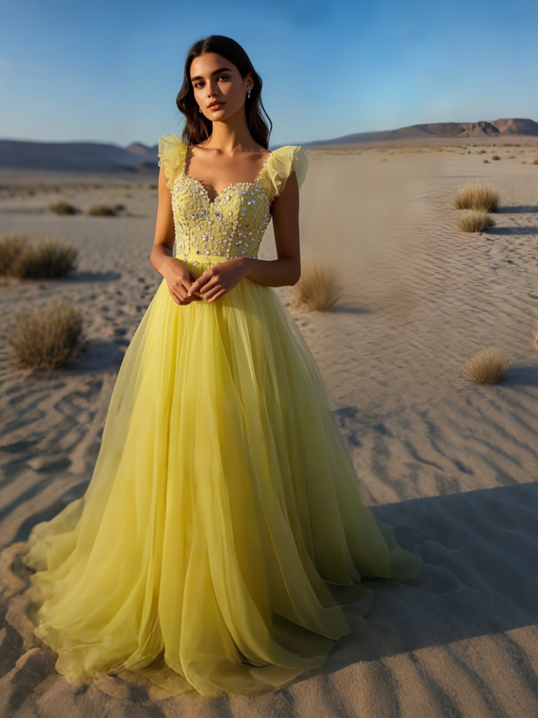 Yellow Puffy Sleeves A Line Backless Beading Prom Dress Yellow Puffy Sleeves A Line Backless Beading Prom Dress
