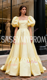 Off The Shoulder Satin Green Puffy Sleeve A Line Prom Dress