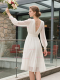 V Neck Chiffon Tea Length Long Sleeve Wedding Dress