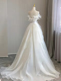 Organza A Line White Wedding Dress with Bow