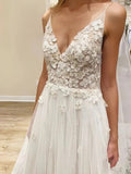 Flower Appliques Princess V Neck A Line Wedding Dress