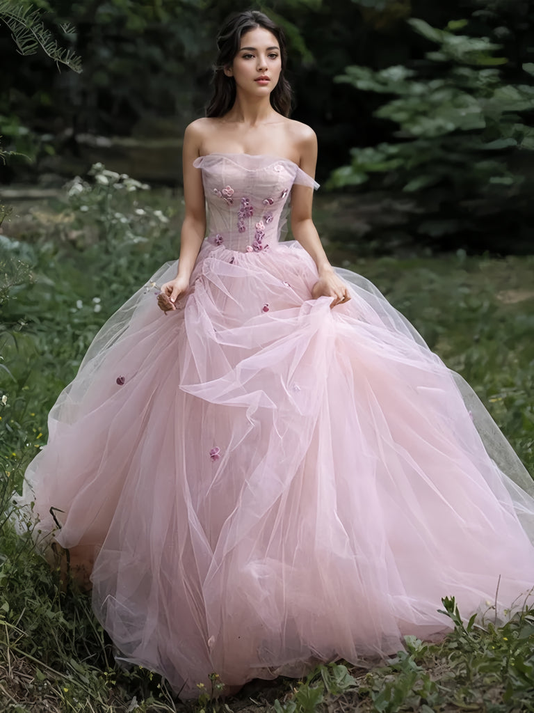 Tulle Strapless Backless A Line Pink Prom Dress US2 / As the picture Tulle Strapless Backless A Line Pink Prom Dress US2 / As the picture