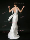 Trumpet Mermaid Backless Satin V Neck Wedding Dress