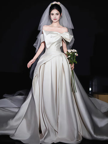 Trumpet Mermaid Satin Bow Off The Shoulder Wedding Dress