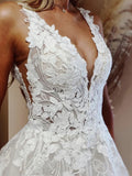 V Neck Open Back Lace Princess A Line Wedding Dress