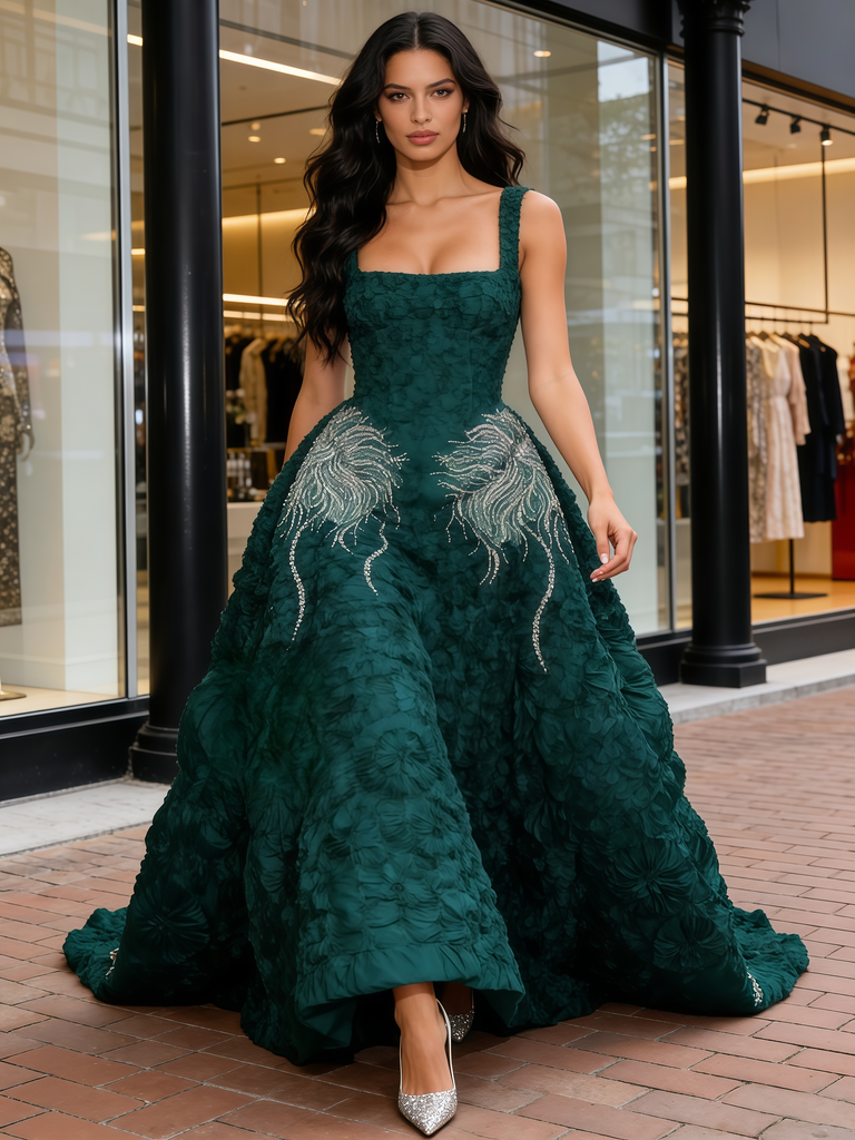 High Low Flower Straps Beading Dark Green Square Prom Dress US10 High Low Flower Straps Beading Dark Green Square Prom Dress US10