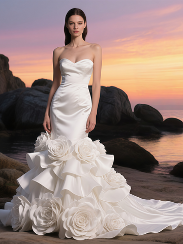 Trumpet Mermaid Flower White Strapless Sweep Train Wedding Dress