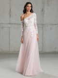 One Shoulder Lace Long Sleeve Blush Pink Wedding Dress