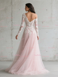 One Shoulder Lace Long Sleeve Blush Pink Wedding Dress