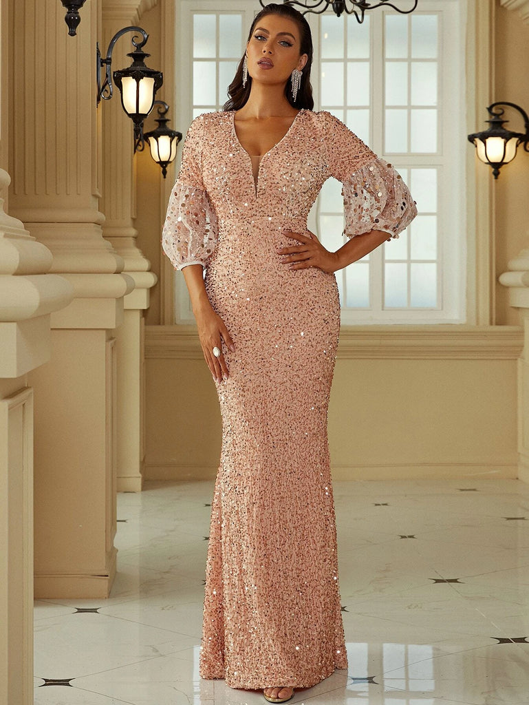 rose gold v neck prom dress Sexy V Neck Sequins Side Slit Rose Gold Prom Dresses Long Mermaid Form cathyprom