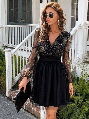 Black V-Neckline Mesh Sleeve Mini Dress