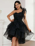 Tulle Black Ruffles One-Shoulder Short Mini Party Dress