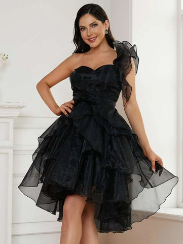 Tulle Black Ruffles One-Shoulder Short Mini Party Dress