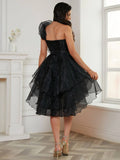 Tulle Black Ruffles One-Shoulder Short Mini Party Dress