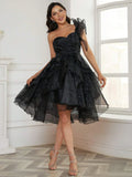 Tulle Black Ruffles One-Shoulder Short Mini Party Dress