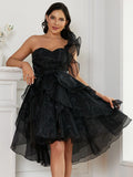 Tulle Black Ruffles One-Shoulder Short Mini Party Dress