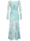 Sheer Overlay Floral Long Sleeve Blue Dress