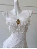 White Lace High Low Beading Prom Party Dress