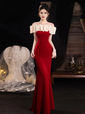 Off The Shoulder Trumpet Mermaid Burgundy Velvet Prom Dress