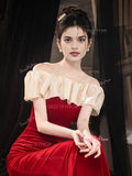 Off The Shoulder Trumpet Mermaid Burgundy Velvet Prom Dress