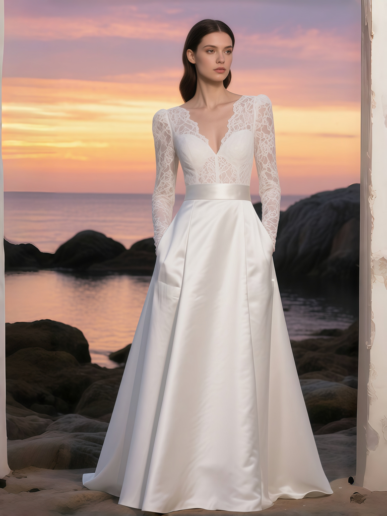 V Neck Satin A Line Lace Long Sleeve Wedding Dress Sassymyprom V Neck Satin A Line Lace Long Sleeve Wedding Dress Sassymyprom