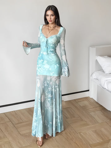 Sheer Overlay Floral Long Sleeve Blue Dress