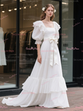 Lace Puffy Sleeve A Line Ruffles Vintage Wedding Dress