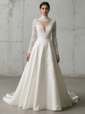 Satin Long Sleeve Keyhole High Neck Backless Wedding Dress