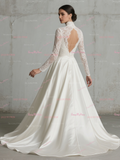 Satin Long Sleeve Keyhole High Neck Backless Wedding Dress