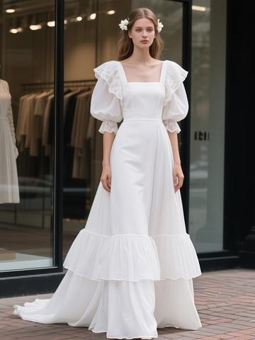 Lace Puffy Sleeve A Line Ruffles Vintage Wedding Dress