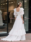Lace Puffy Sleeve A Line Ruffles Vintage Wedding Dress